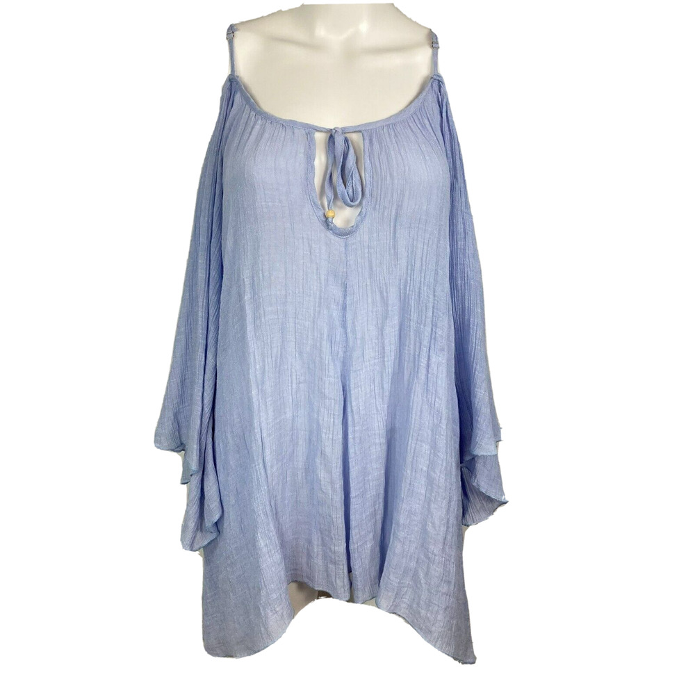 Jodifl Shirt Womens Sz S Blue Cold Shoulder Bell Sleeve Tunic Oversized Keyhole